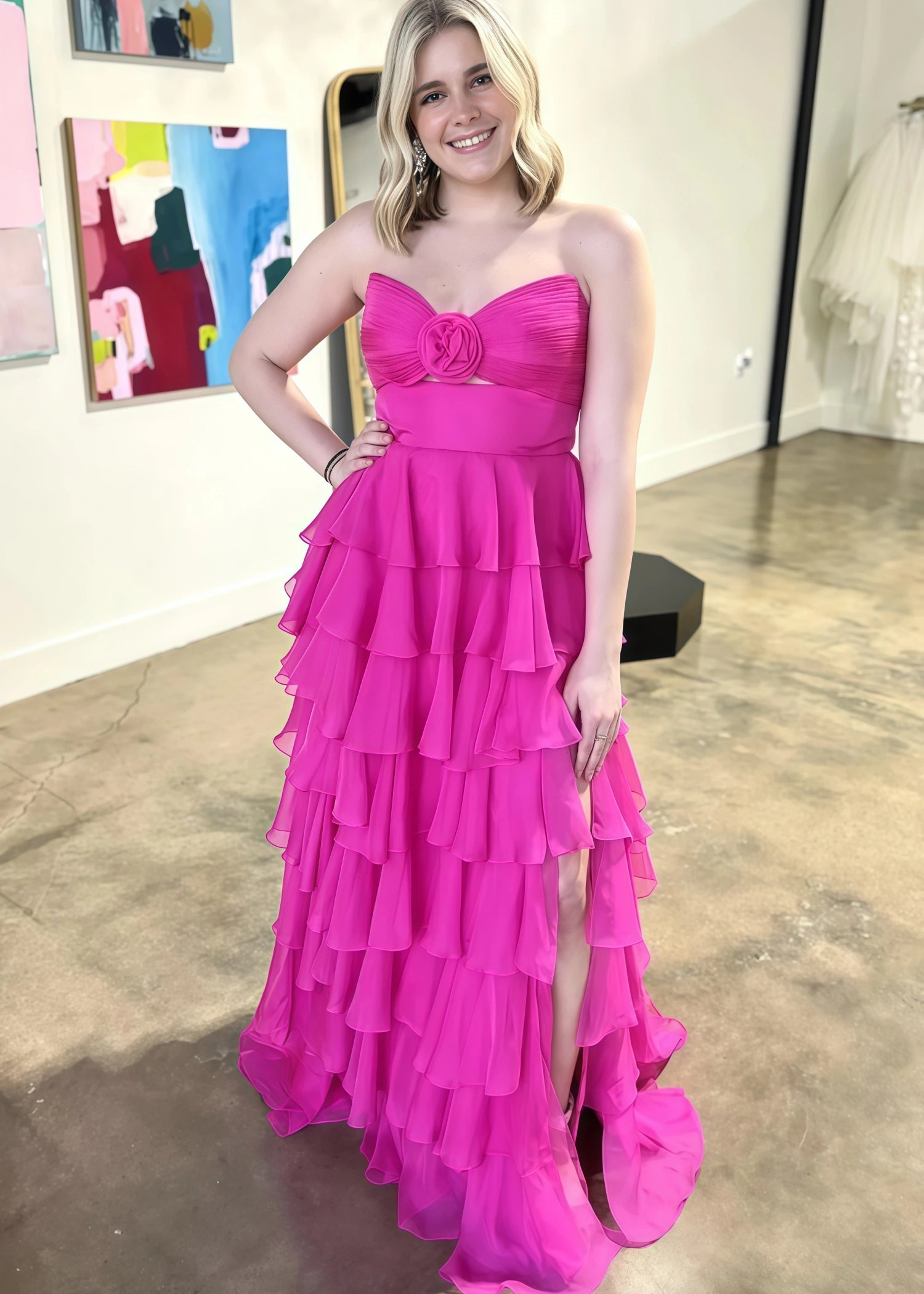 Marjorie | A - Line Sweetheart Chiffon Tiered Long Royal Blue Prom Dress with Slit - Fuchsia - US0 - PromDressClub