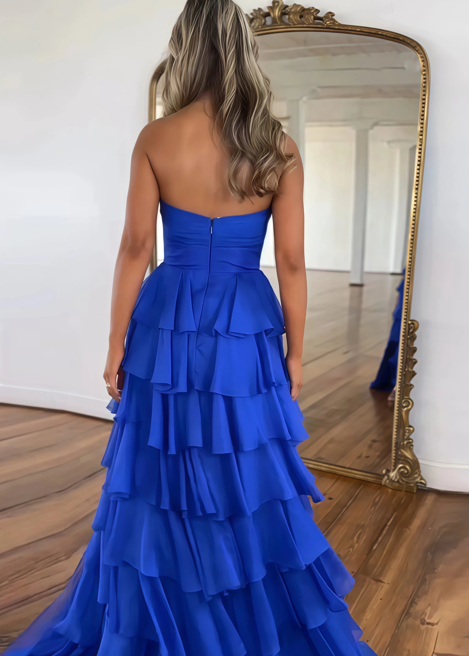 Marjorie | A - Line Sweetheart Chiffon Tiered Long Royal Blue Prom Dress with Slit - Royal Blue - US0 - PromDressClub