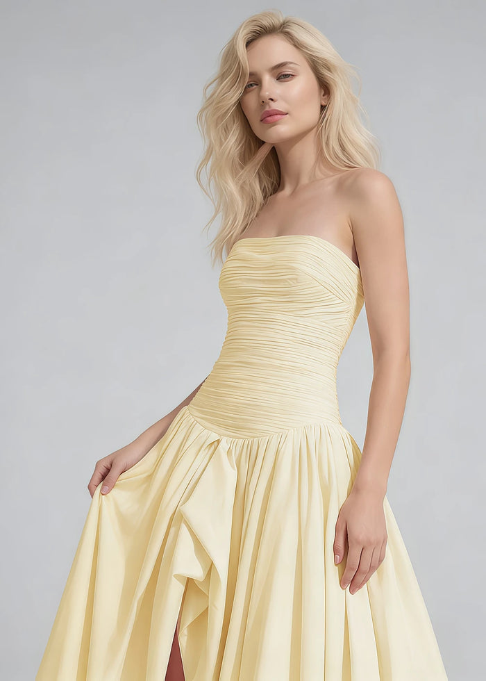 Marn Strapless Prom Dress Yellow | A - Line Pleated Wedding Guest Dress with Slit - Yellow - PromDressClub
