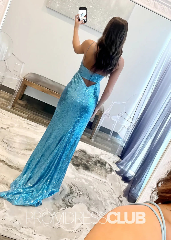 Martha |Black Long Prom Dresses Near Me With Sheath Spaghetti Strap Sequin Mermaid Slit - Price #price_variant_lowest# - Blue - PromDressClub