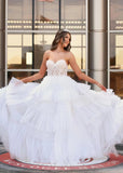 Mary | A Line Lace Appliques Tiered White Maxi Formal Dress Stores Near Me - White - PROMDRESS Club