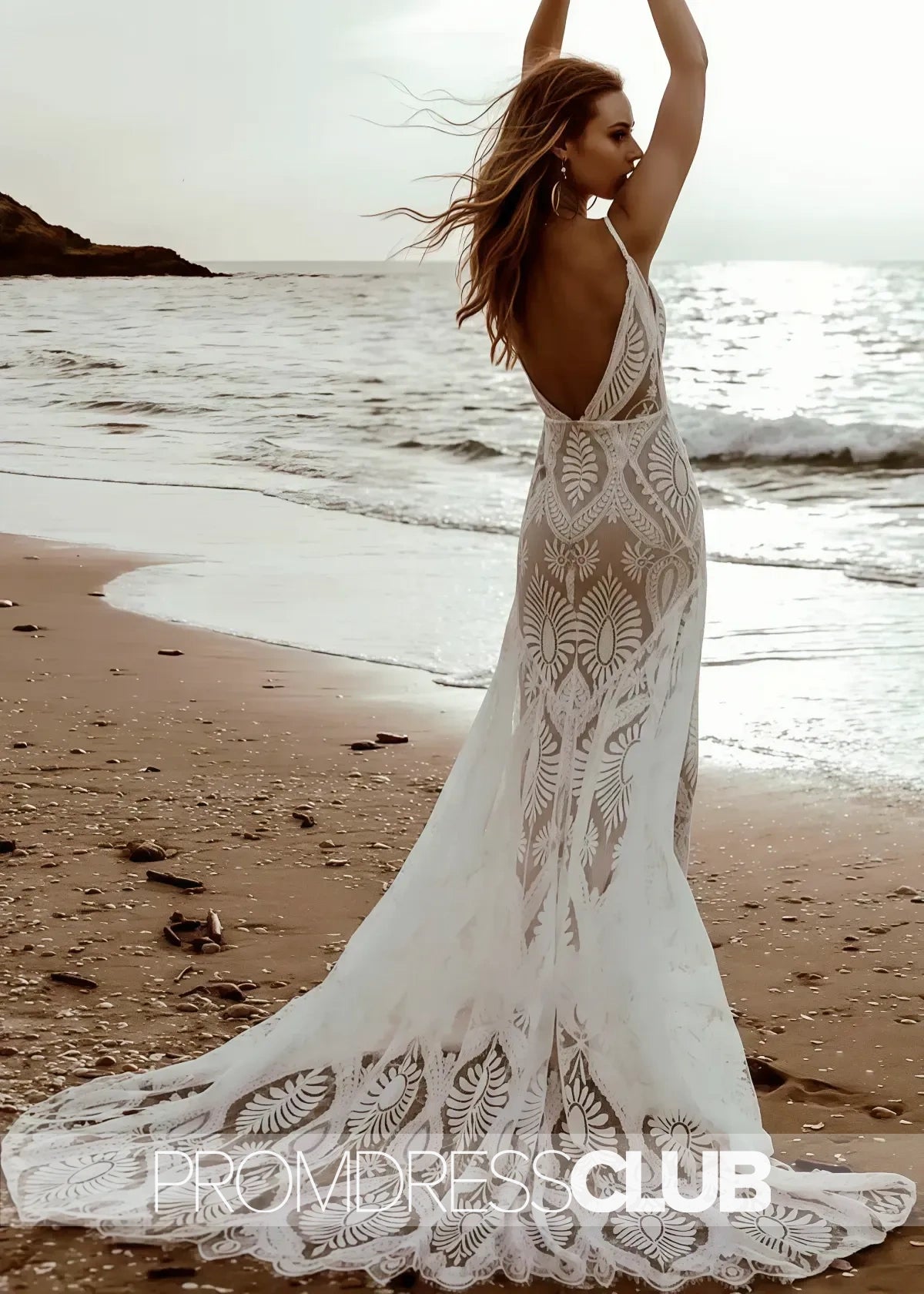 Mary |Long Beach Wedding Dresses Near Me With Floral Mermaid V Neck Plunging Boho Lace Sweep Train - Price #price_variant_lowest# - White - PromDressClub