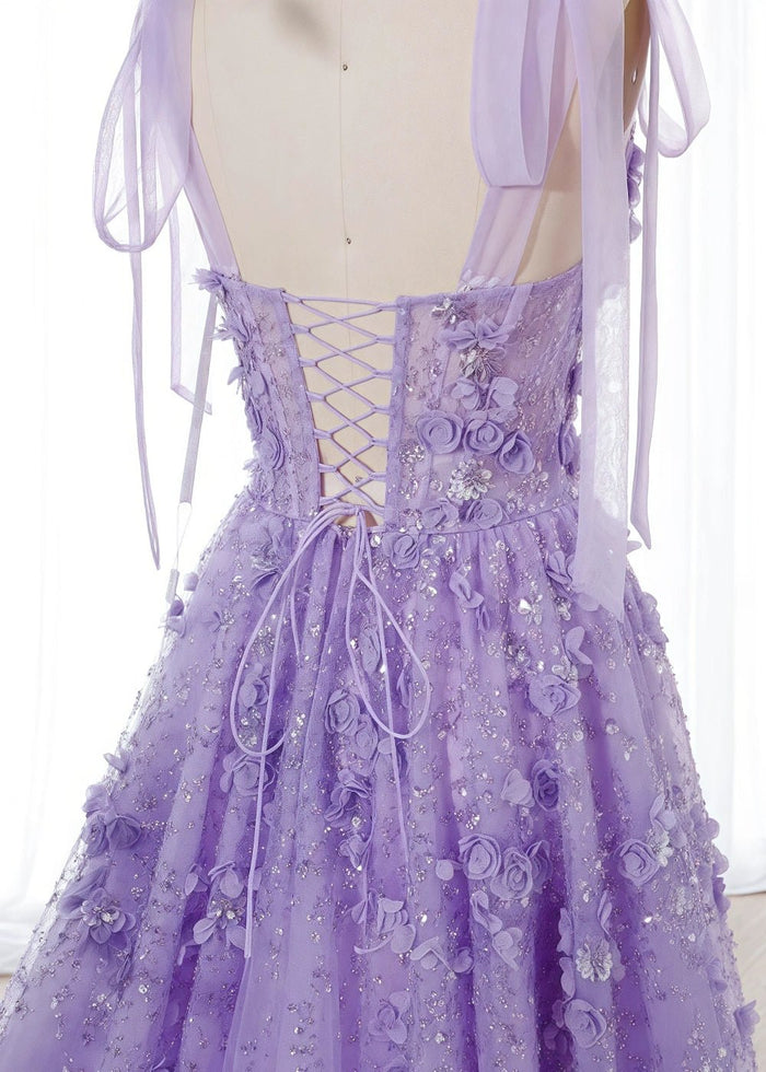Matilda | Gorgeous A Line Purple Flower Corset Prom Dress with Bow - Purple Floral - PromDressClub