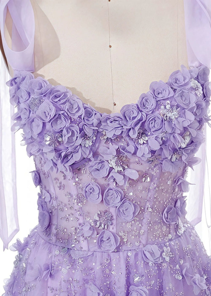 Matilda | Gorgeous A Line Purple Flower Corset Prom Dress with Bow - Purple Floral - PromDressClub