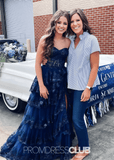 Maud | A Line Sequin Appliques Tiered Navy Blue Maxi Formal Dress Stores Near Me - Navy Blue - PROMDRESS Club