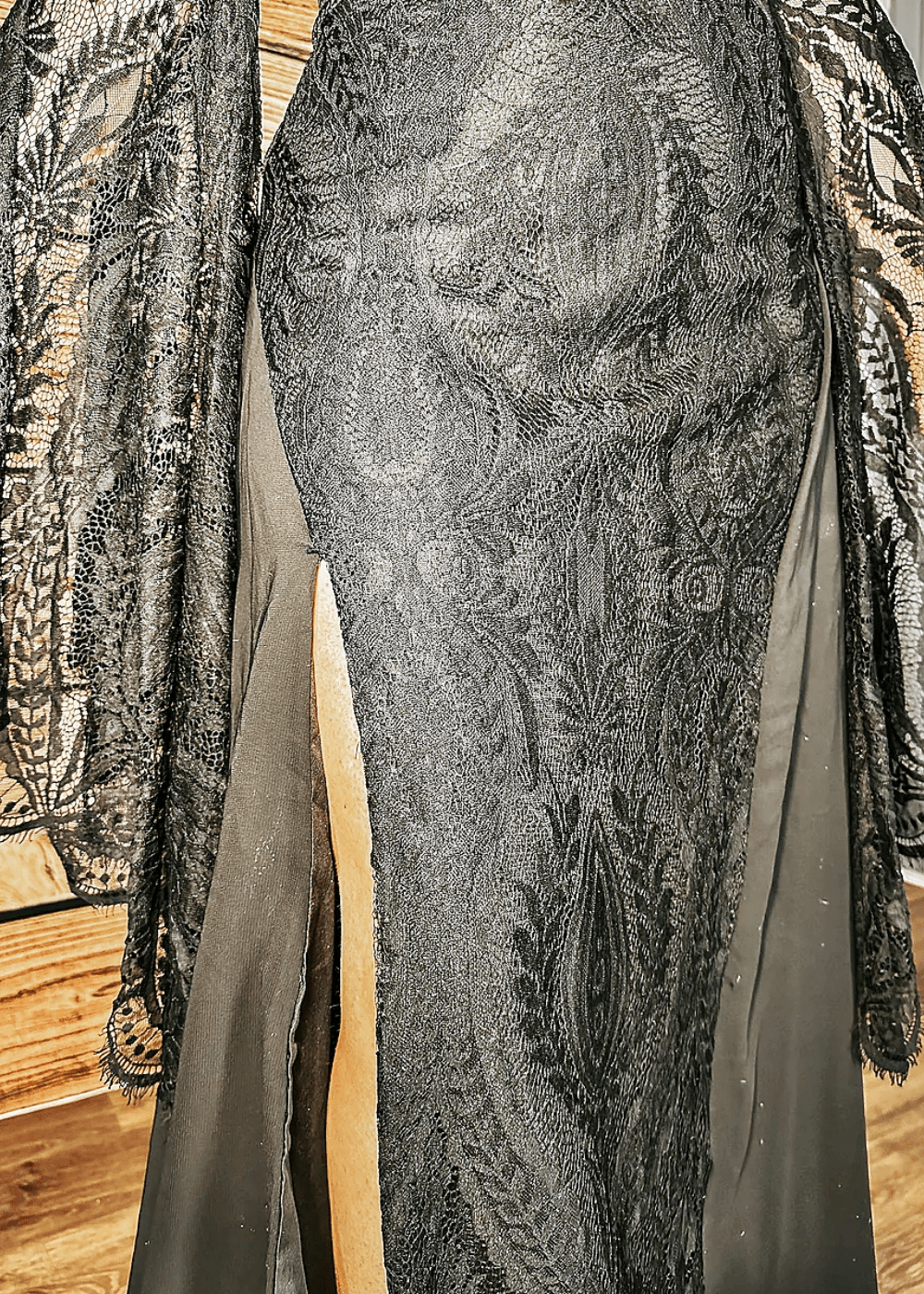 Maureen | Gothic Black V Neck Corset Backless Bell Sleeve Lace Wedding Dress - Black - PromDressClub