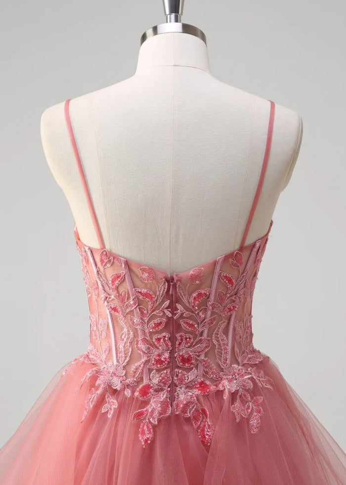 Mavis | A - Line Spaghetti Straps Tulle Tiered Long Corset Coral Prom Dress with Appliques - Coral - PromDressClub