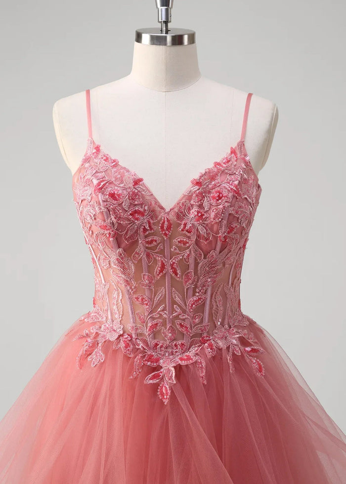 Mavis | A - Line Spaghetti Straps Tulle Tiered Long Corset Coral Prom Dress with Appliques - Coral - PromDressClub