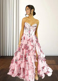 Maxine | Light Pink Floral Strapless Corset Ruffle Prom Dress with Slit - Light Pink Floral - PromDressClub