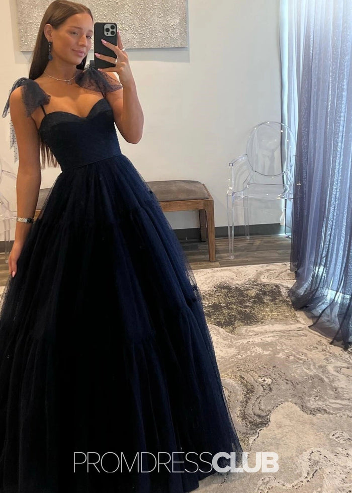 May | A Line Polk Dots Black Tulle Long Prom Dress Near Me - Price #price_variant_lowest# - Navy Blue - PromDressClub