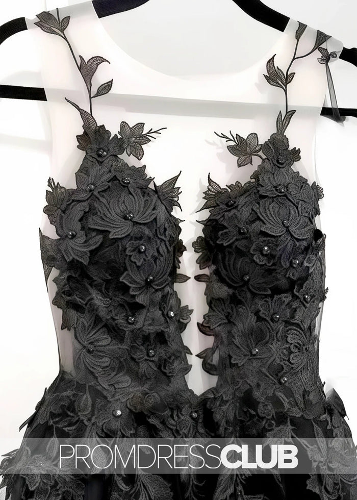 Megan |Long Black Wedding Dresses Near Me With Sexy Black Lace Appliques Sleeveless Tulle Backless Veil - Price #price_variant_lowest# - Black - PromDressClub