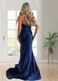 Sophia |Mermaid Halter Neck Satin Navy Blue Long Corset Prom Dress with Slit - Navy Blue - US0 - PromDressClub