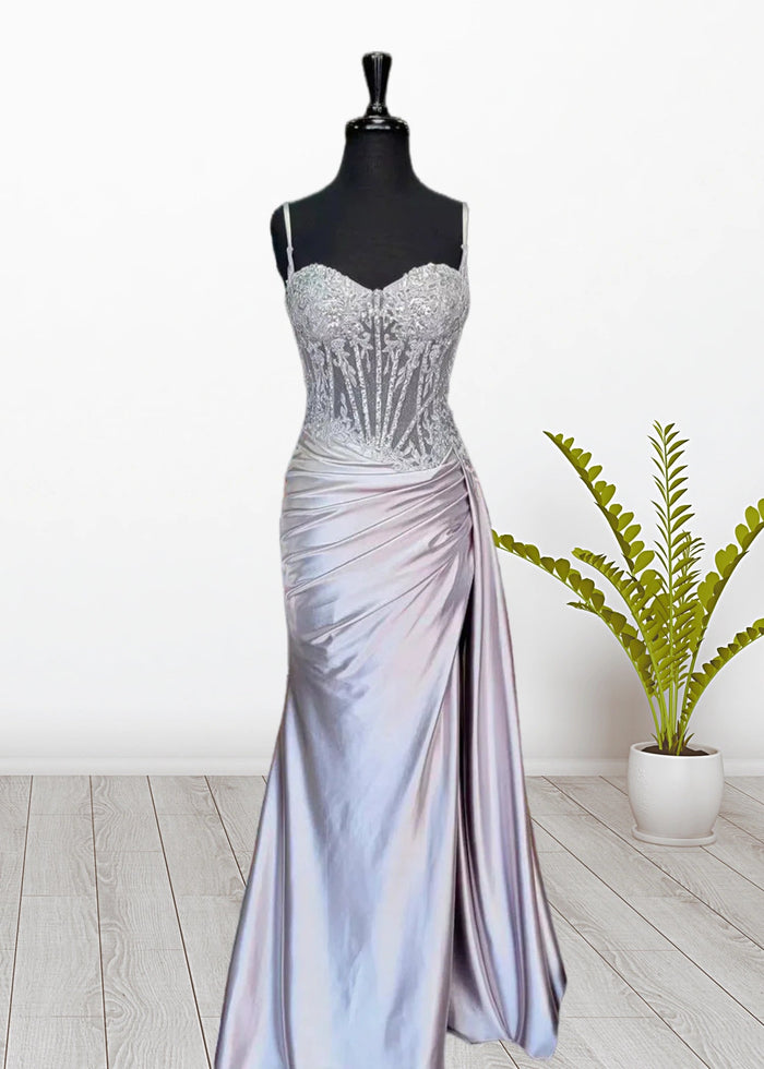 Paula | Silver Emerald Green Mermaid Corset Pleated Satin Formal Dress with Train - Dusty Blue - PromDressClub