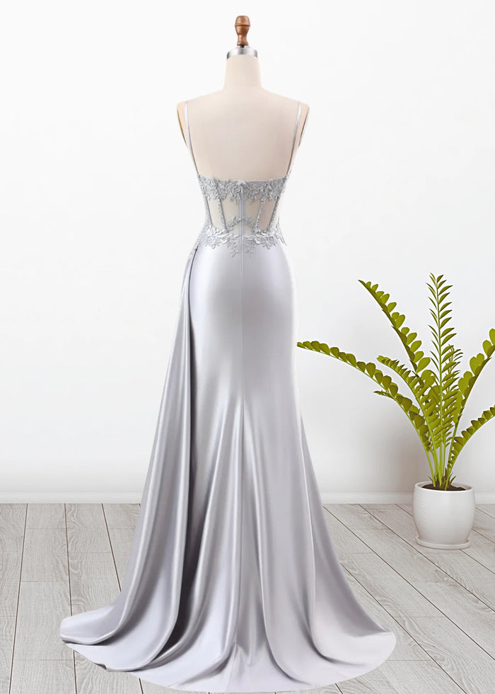Paula | Silver Emerald Green Mermaid Corset Pleated Satin Formal Dress with Train - Silver - PromDressClub