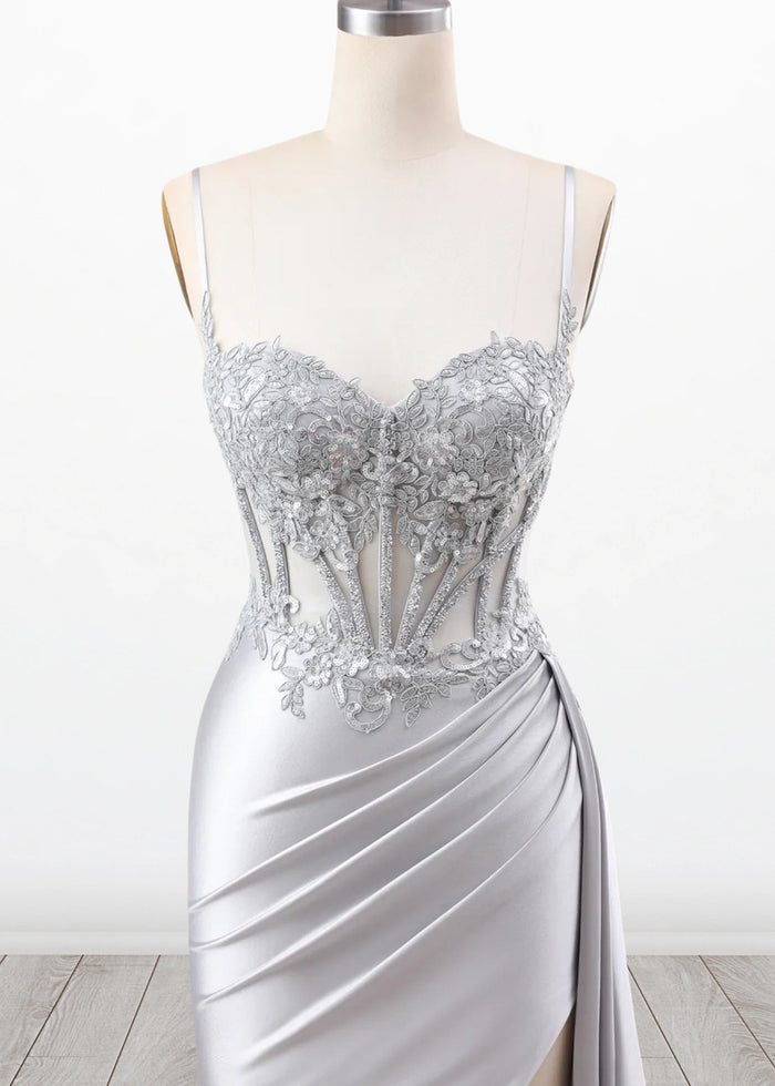 Paula | Silver Emerald Green Mermaid Corset Pleated Satin Formal Dress with Train - Silver - PromDressClub