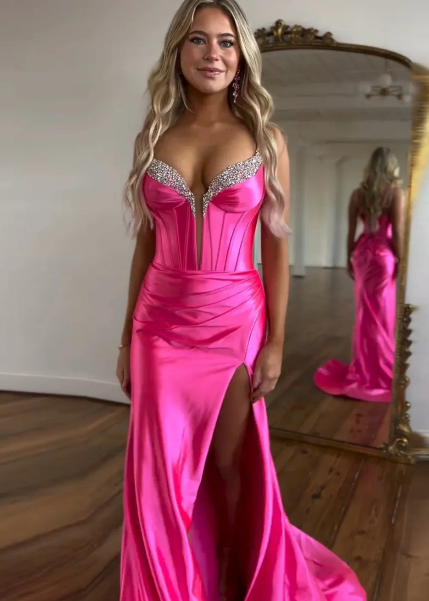 Susan |Mermaid Sweetheart Spaghetti Straps Satin Fuchsia Long Corset Prom Dress with Beading - Fuchsia - US0 - PromDressClub