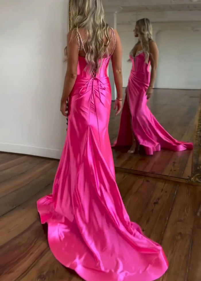 Susan | Fuchsia Mermaid Beaded Satin Prom Dress with Train - Fuchsia - PromDressClub