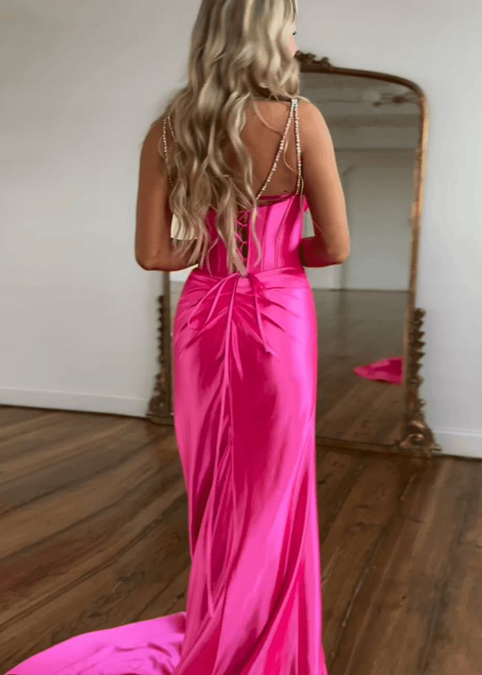 Susan | Fuchsia Mermaid Beaded Satin Prom Dress with Train - Fuchsia - PromDressClub