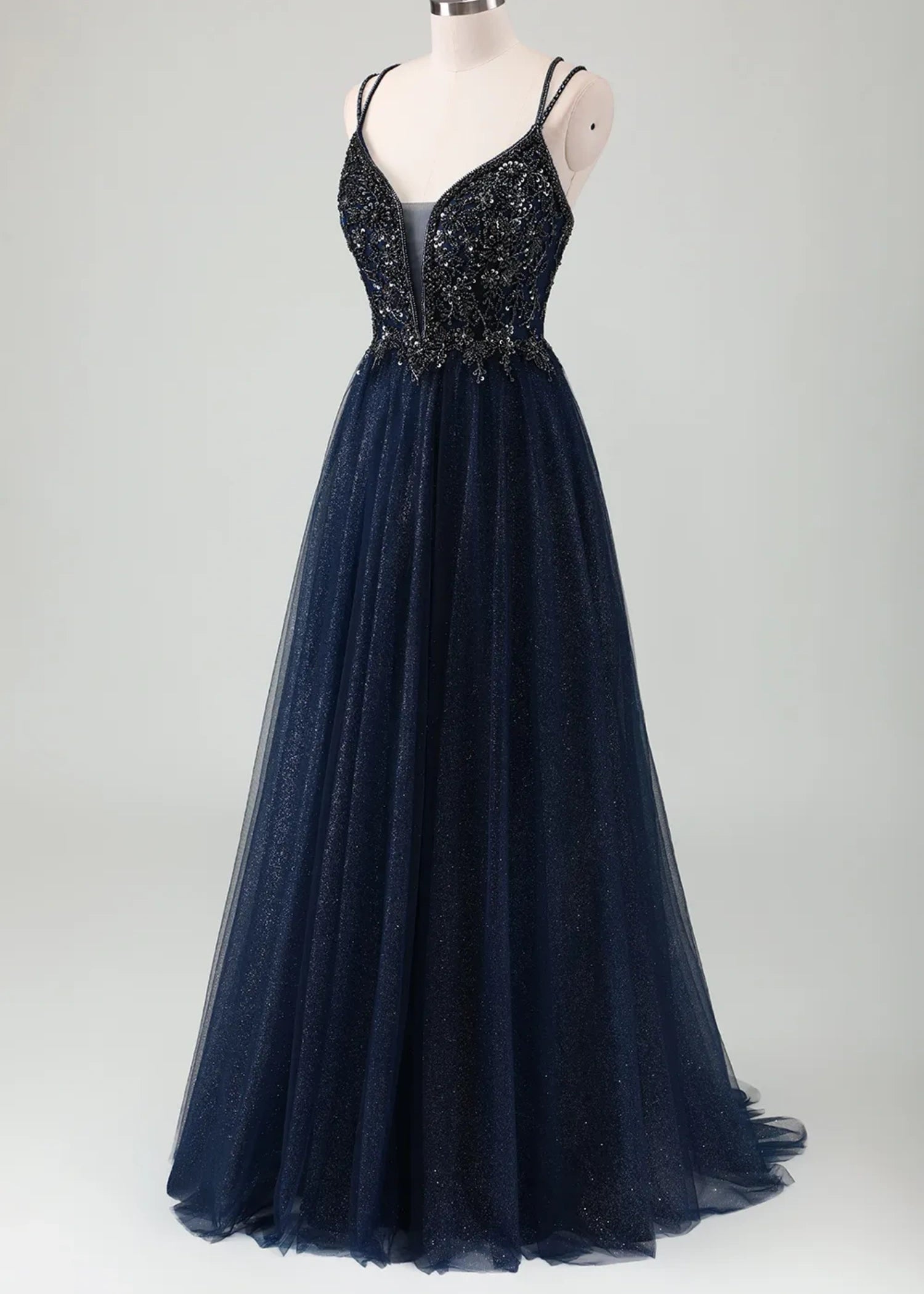 Meroy | A - Line Spaghetti Straps Tulle Long Corset Glitter Navy Prom Dress With Beaded - Navy Blue - PromDressClub