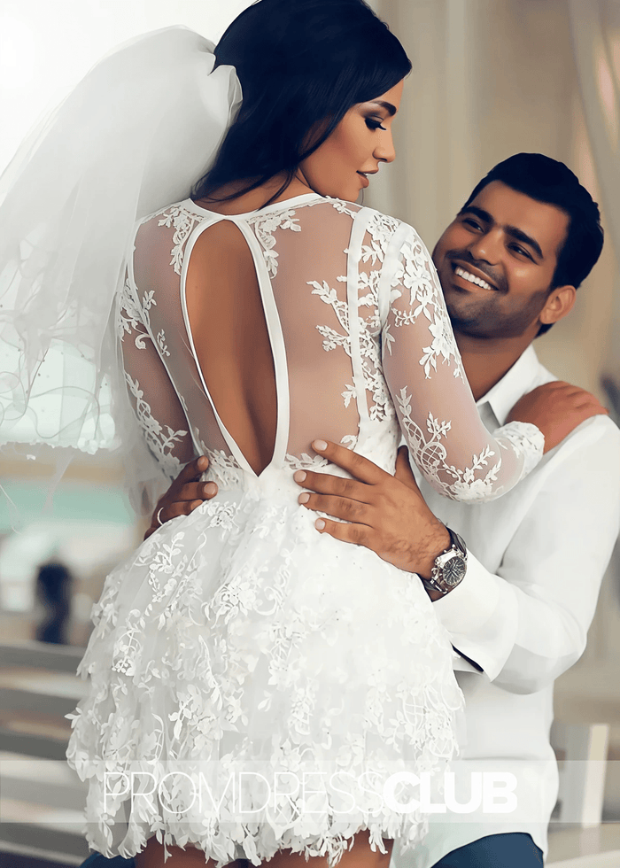 Meroy |Short - Mini White Wedding Dresses Near Me With A - Line Scoop Lace Applique Long Sleeves - Price #price_variant_lowest# - White - PromDressClub