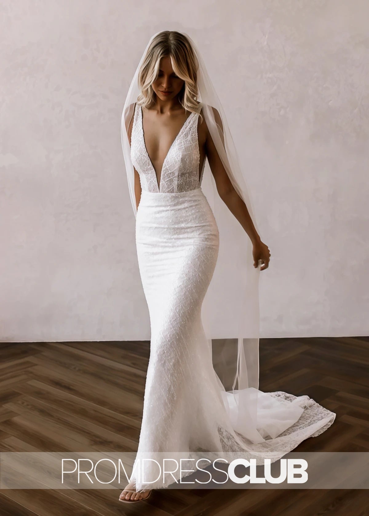 Merry |Long White Wedding Dresses Near Me With Sparkly Mermaid V Neck Sequins Lace - White - US0 - PromDressClub