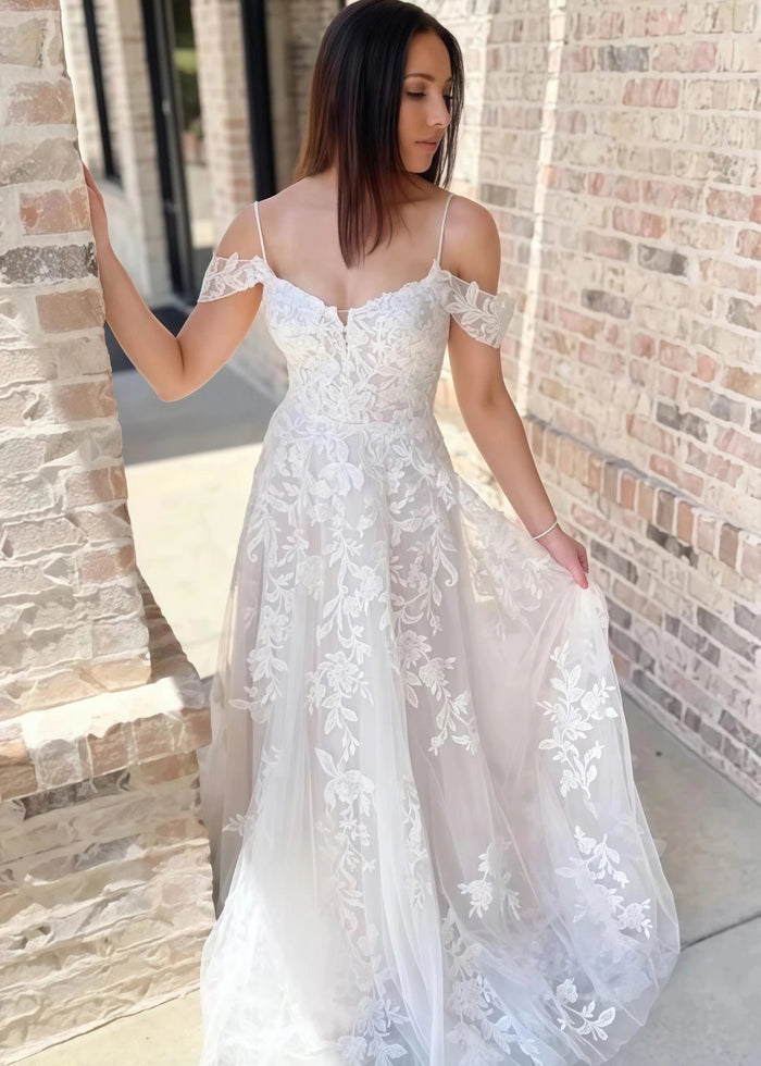 Michaelia | Stunning A Line Cold Shoulder Lace Wedding Dress with Lace Appliques - White - PromDressClub
