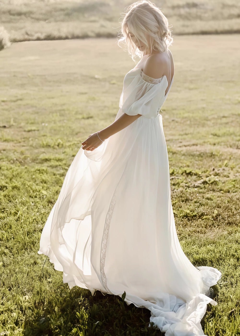 Michelle | Off the Shoulder Puff Sleeve Chiffon Bridal Gown for Outdoor Weddings - Ivory - PromDressClub