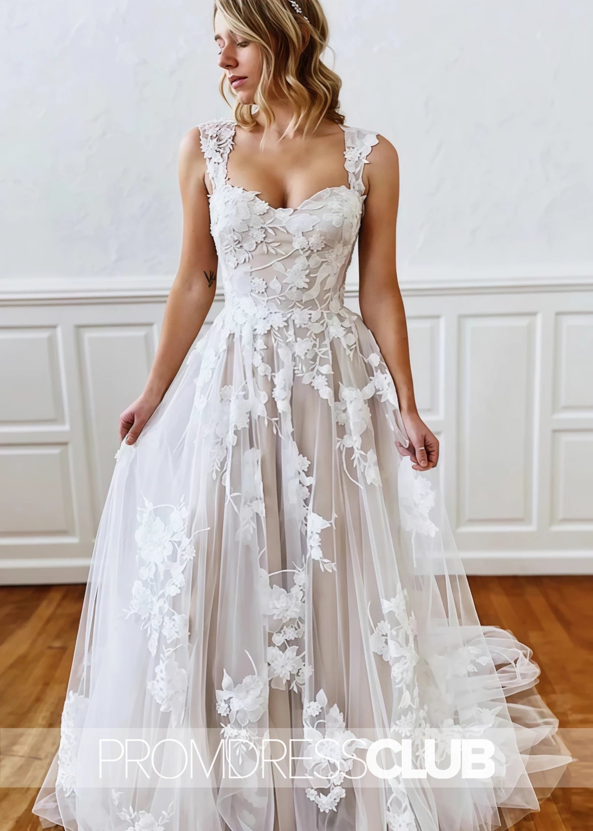 Michelle |White Long Wedding Dresses Near Me With A - Line Straps Sweetheart Lace Appliques - White - US0 - PromDressClub