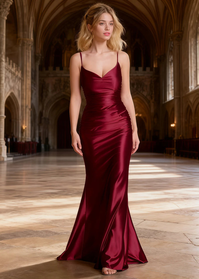 Mila Burgundy Satin Backless Prom Dress | Mermaid Spaghetti Straps V - Neck Ruched Dress - US0 - PromDressClub