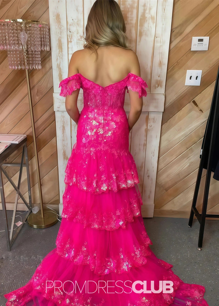 Mildred | A Line Tiered Sequin Red Long Prom Dress Stores Near Me - Price #price_variant_lowest# - Hot Pink - PromDressClub