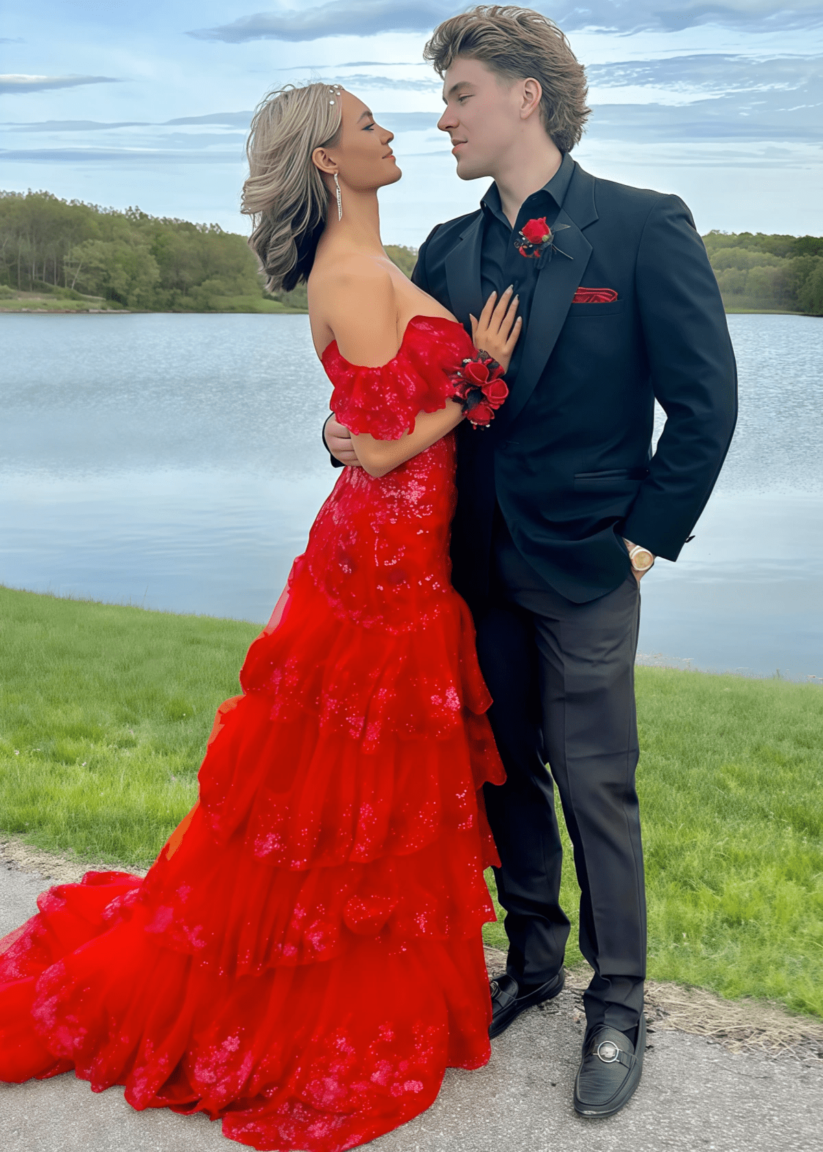 Mildred | A Line Tiered Sequin Red Long Prom Dress Stores Near Me - Red - PROMDRESS Club