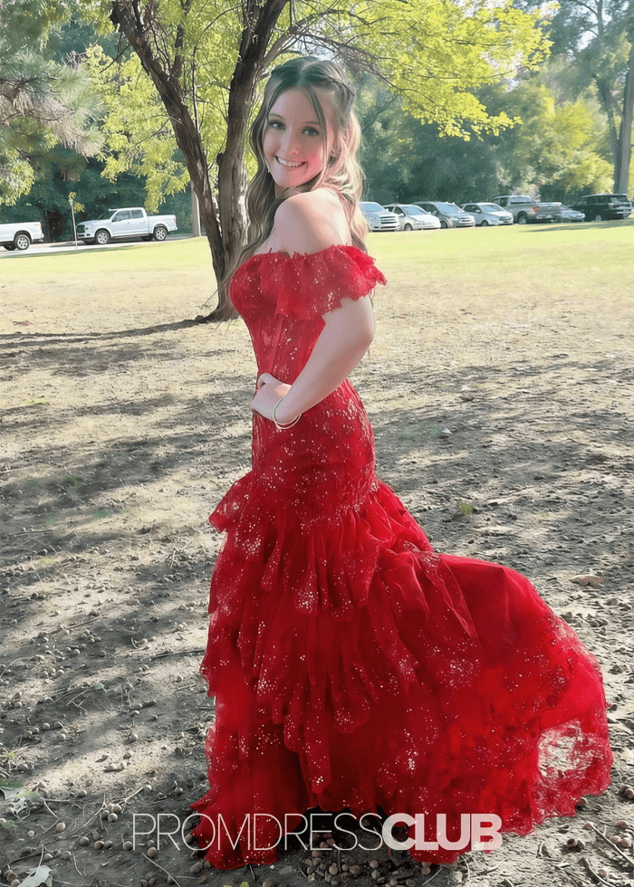 Mildred | A Line Tiered Sequin Red Long Prom Dress Stores Near Me - Price #price_variant_lowest# - Red - PromDressClub