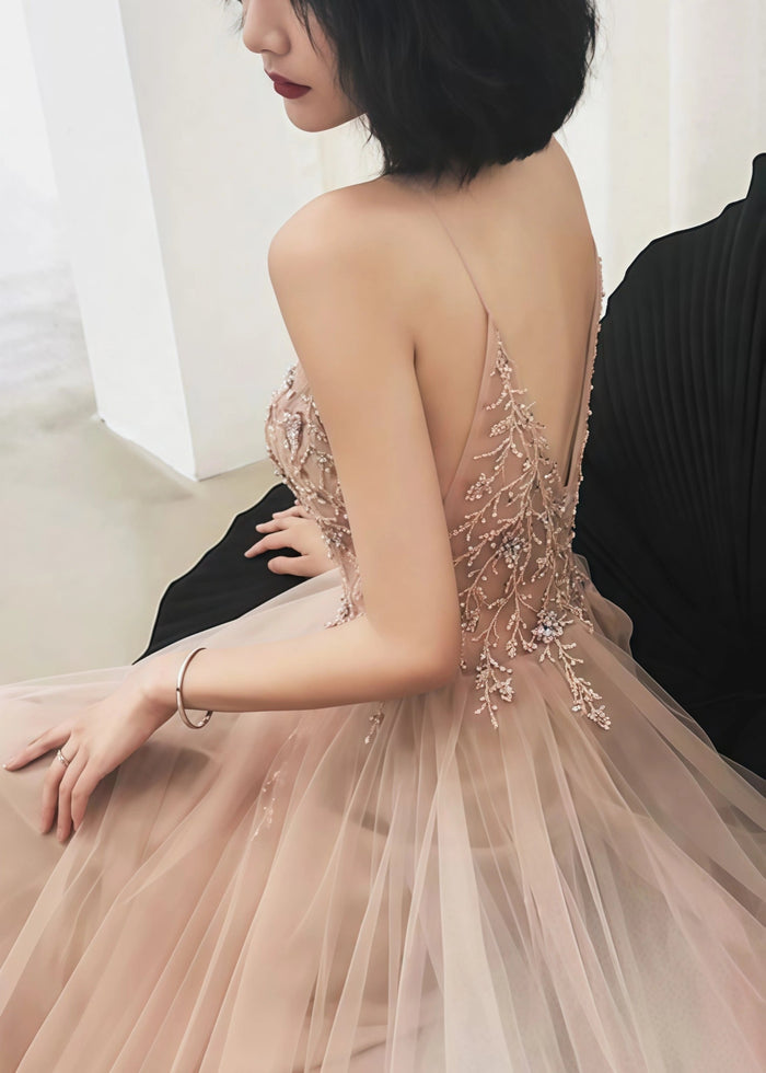 Mirabelle | A - line Spaghetti Straps Tulle Long Corset Glitter Rhinestons Rose Gold Long Prom Dress With Beaded - Gold - PromDressClub