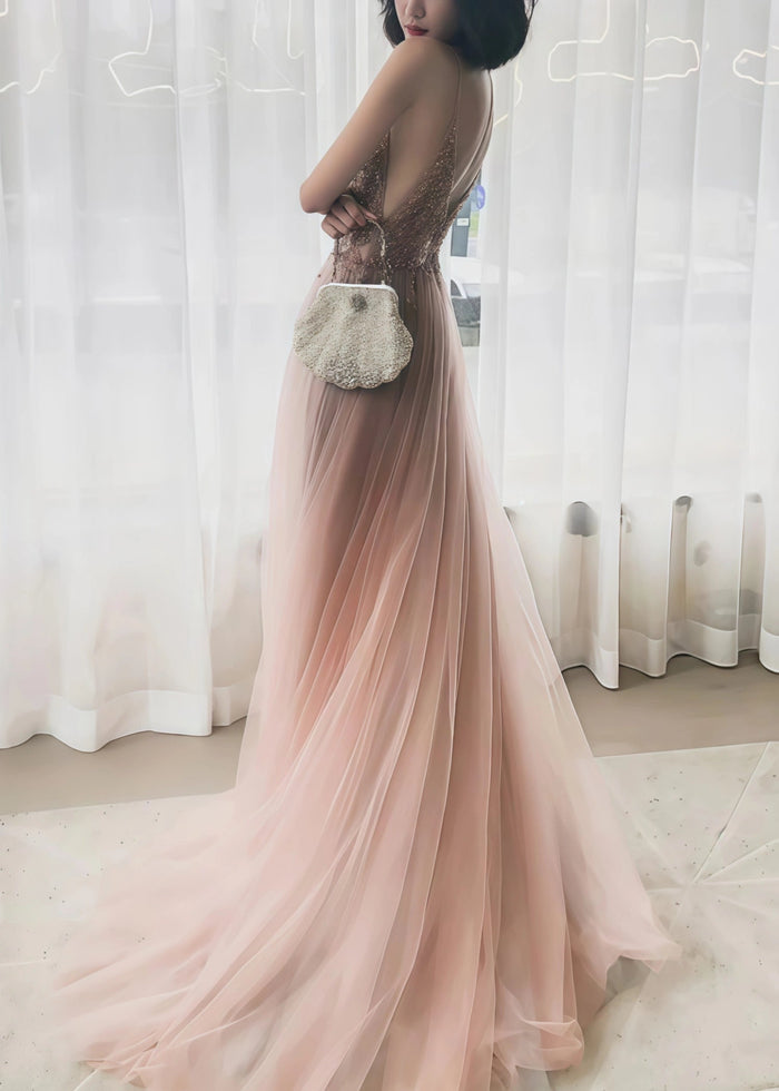 Mirabelle | A - line Spaghetti Straps Tulle Long Corset Glitter Rhinestons Rose Gold Long Prom Dress With Beaded - Gold - PromDressClub