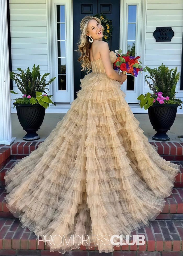 Miriam | Sparkle A Line Tiered Tulle Hot Pink Formal Dress Stores Near Me - Price #price_variant_lowest# - Gold - PromDressClub