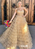 Miriam | Sparkle A Line Tiered Tulle Hot Pink Formal Dress Stores Near Me - Gold - PROMDRESS Club