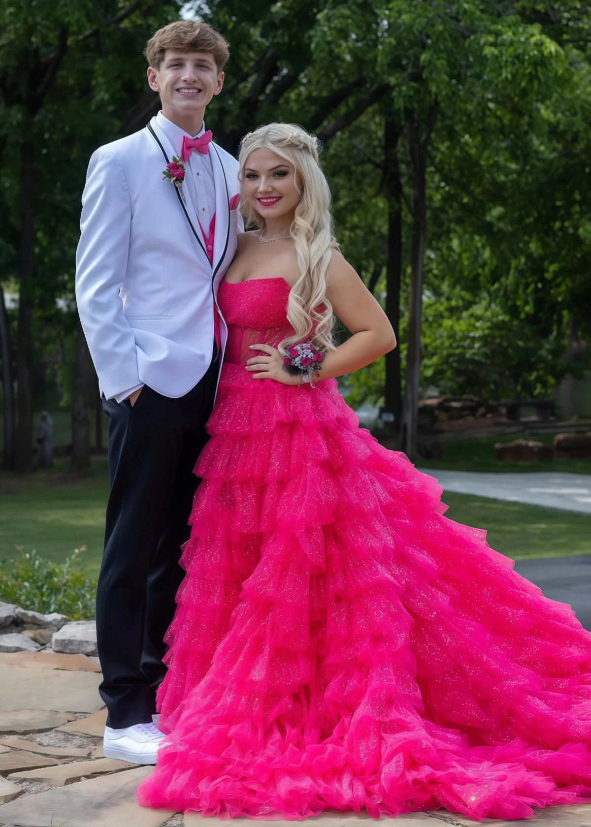 Miriam | Sparkle A Line Tiered Tulle Hot Pink Formal Dress Stores Near Me - Hot Pink - PROMDRESS Club