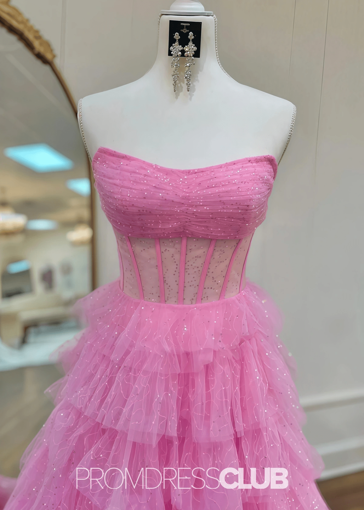 Miriam | Sparkle A Line Tiered Tulle Hot Pink Formal Dress Stores Near Me - Pink - PROMDRESS Club