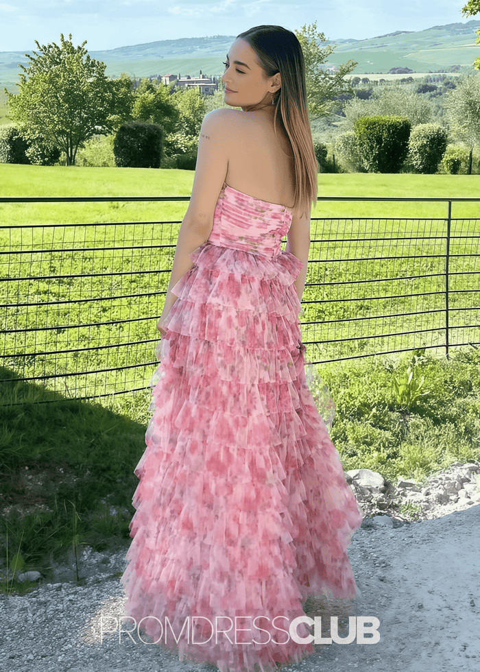 Modesty | A Line Pink Floral Print Ruffled Long Formal Dress Stores Near Me - Price #price_variant_lowest# - Pink Floral - PromDressClub