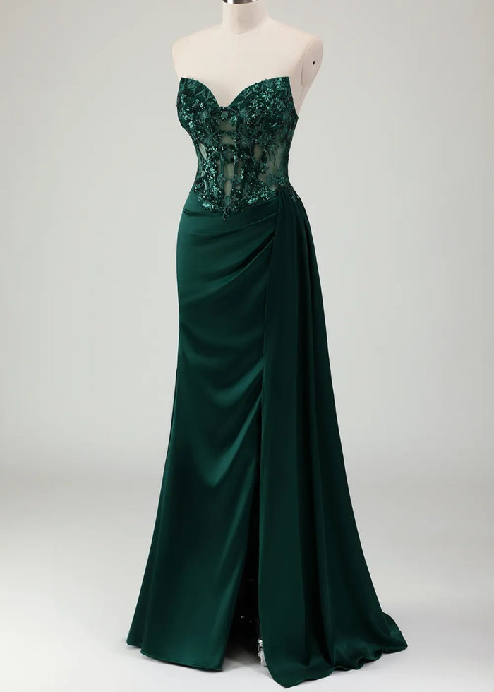 Molly | Mermaid Sweetheart Satin Corset Long Glitter Dark Green Prom Dress with Appliques - Dark Green - PromDressClub