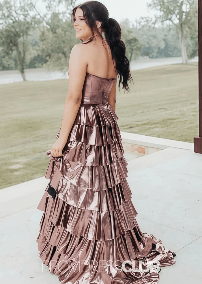 Mona | A Line Metallic Ruffle Tiered Ink Blue Long Prom Dress - Price #price_variant_lowest# - Chocolate - PromDressClub