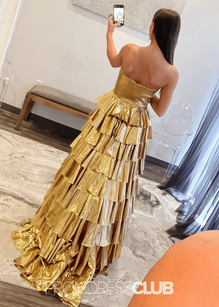 Mona | A Line Metallic Ruffle Tiered Ink Blue Long Prom Dress - Price #price_variant_lowest# - Gold - PromDressClub