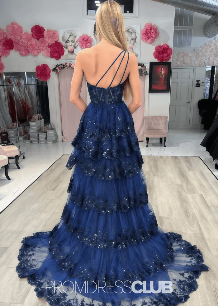 Monica | A Line Tiered Ruffle Black Tulle Sequin Long Prom Dress - Price #price_variant_lowest# - Navy Blue - PromDressClub