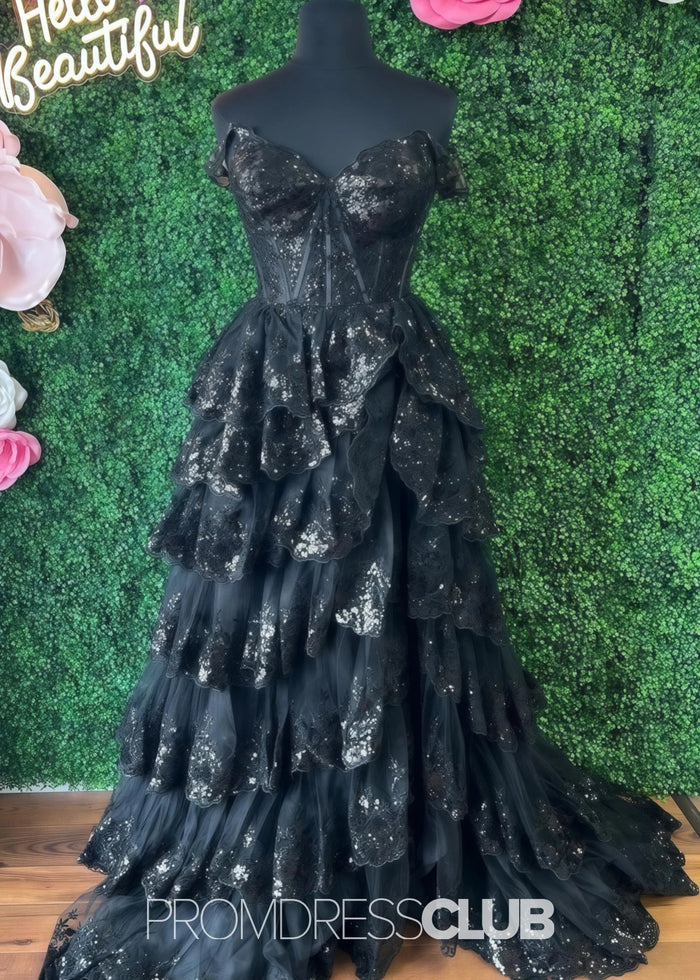 Myra | A Line Lace Appliques Light Pink Sequin Long Prom Dress - Price #price_variant_lowest# - Black - PromDressClub