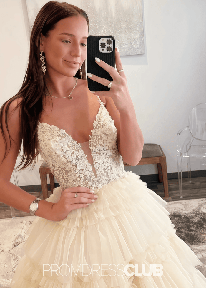 Nancy | A Line Ruffle Tiered Lavender Maxi Prom Dress - Price #price_variant_lowest# - Champagne - PromDressClub