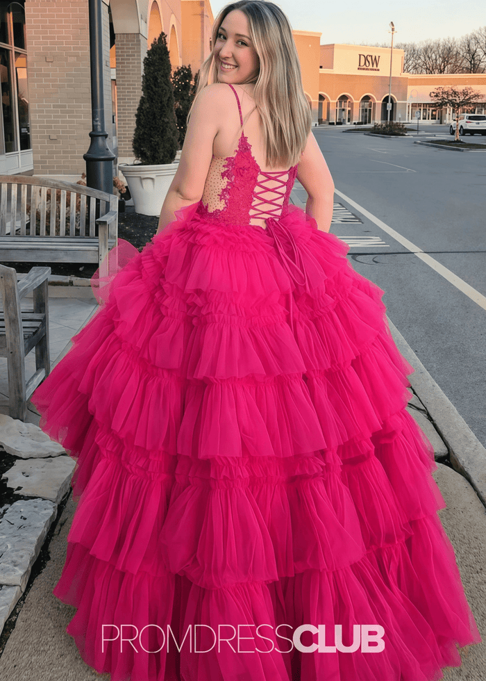 Nancy | A Line Ruffle Tiered Lavender Maxi Prom Dress - Price #price_variant_lowest# - Hot Pink - PromDressClub