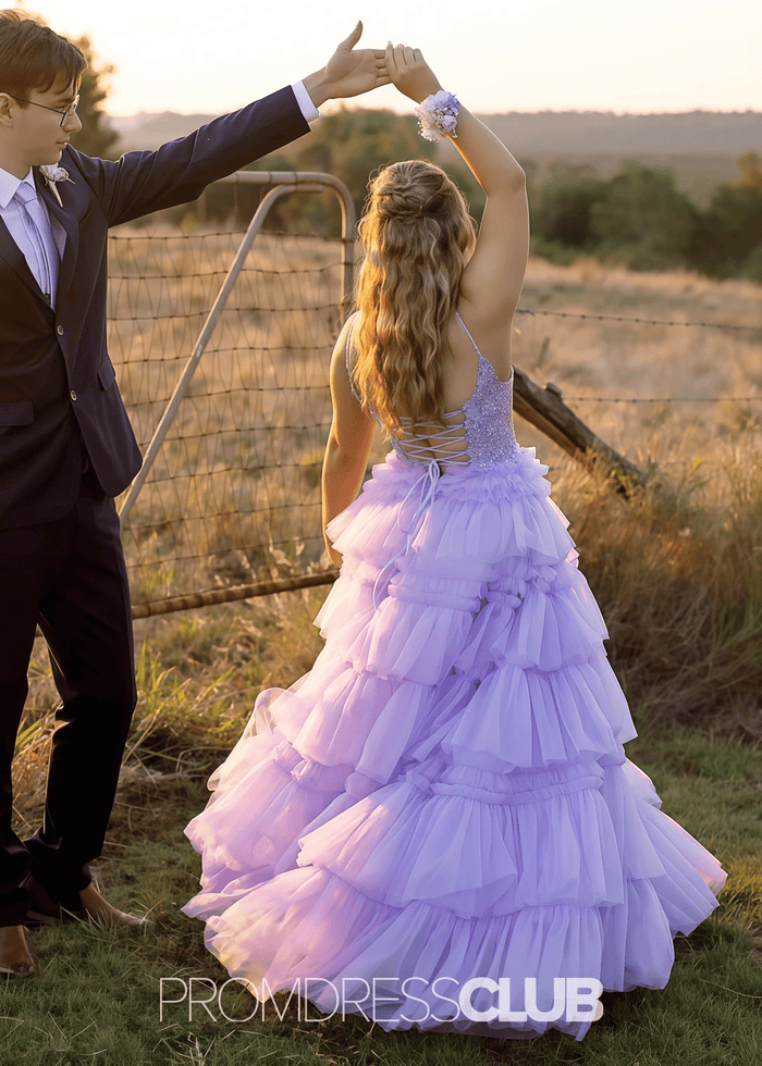 Nancy | A Line Ruffle Tiered Lavender Maxi Prom Dress - Price #price_variant_lowest# - Lavender - PromDressClub
