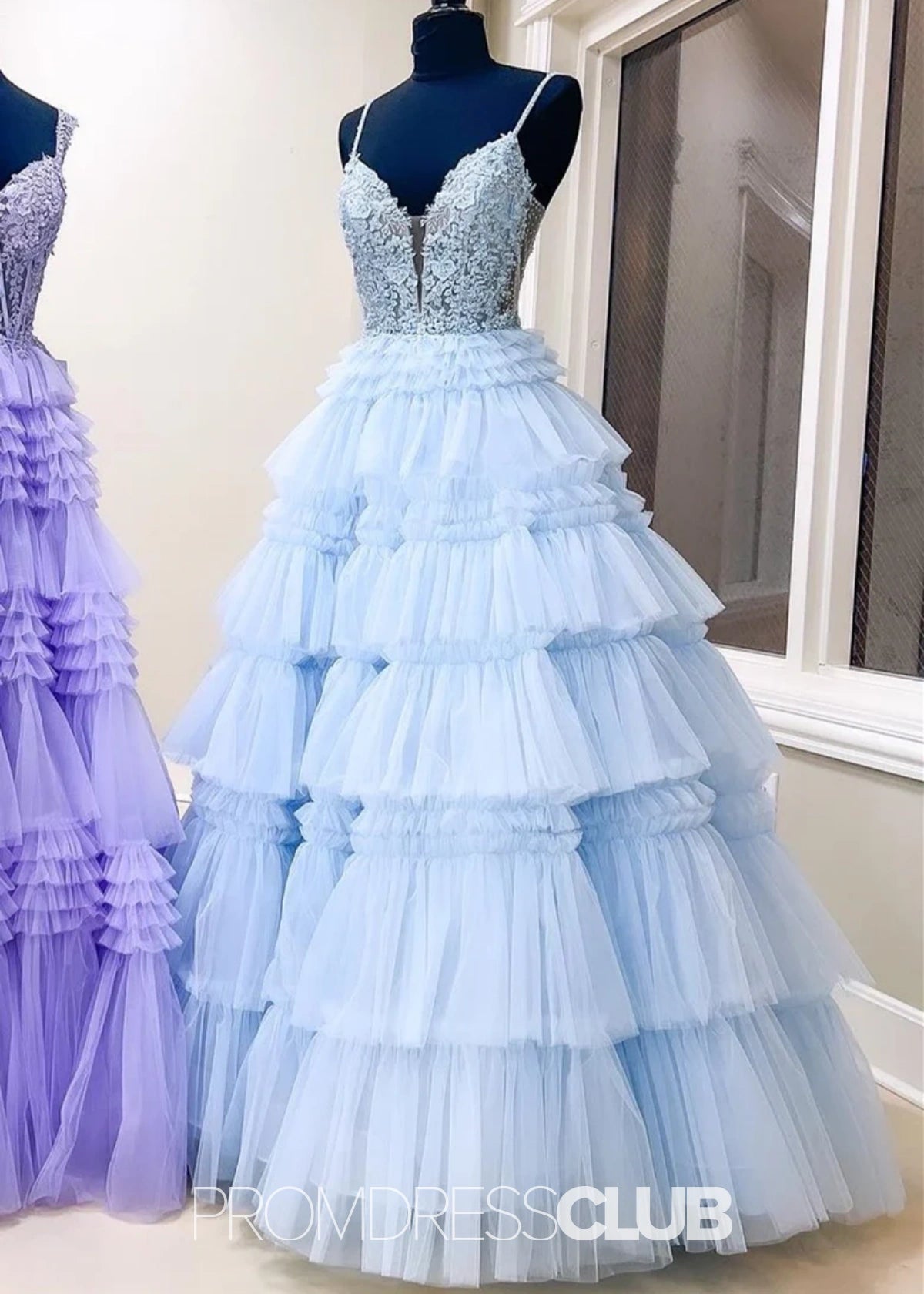 Nancy | A Line Ruffle Tiered Lavender Maxi Prom Dress - Light Blue - PROMDRESS Club