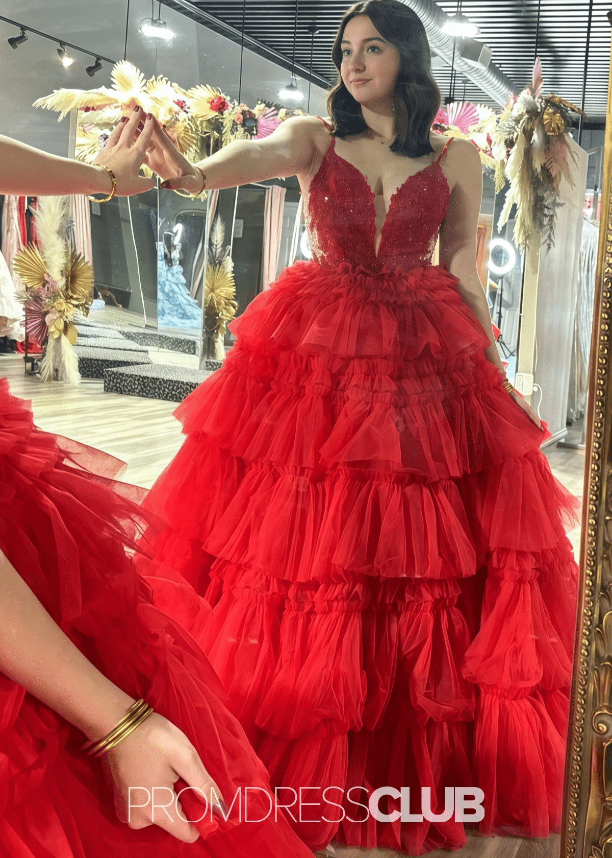 Nancy | A Line Ruffle Tiered Lavender Maxi Prom Dress - Red - PROMDRESS Club