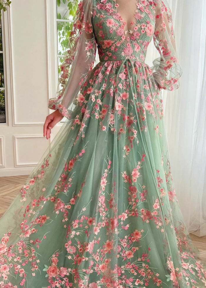 Naomi | Stunning Sage Green Long Sleeve Flower Corset Prom Dress - Sage Floral - PromDressClub